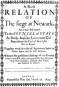 Pamphlet on the siege of Newark, published in March 1644.