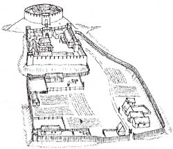 Conjectural reconstruction drawing of Laxton Castle, c.1200.