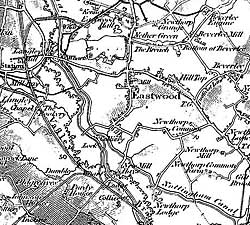 Extract from the Ordnance Survey 1" to the mile map depicting landscape features (railways, canals, relief etc) around Eastwood.