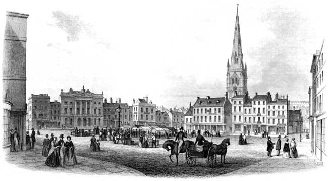 A view of the Market Place in Newark, c.1850.