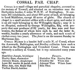 Entry for the "small village and parochial chapelry" of Cossall in William White's History, Gazetteer and Directory of Nottinghamshire, 1832.