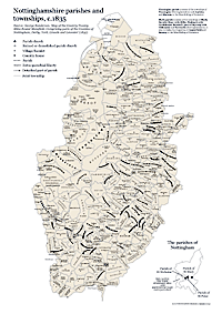Nottinghamshire parishes and townships, c.1830. Click on th eimage for a downloadable PDF version. 