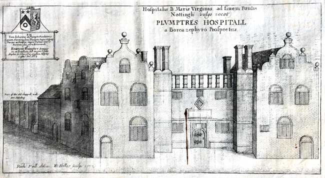Plumptre's Hospital, Nottingham, in 1676 (from Thoroton's History of Nottinghamshire, 1677).