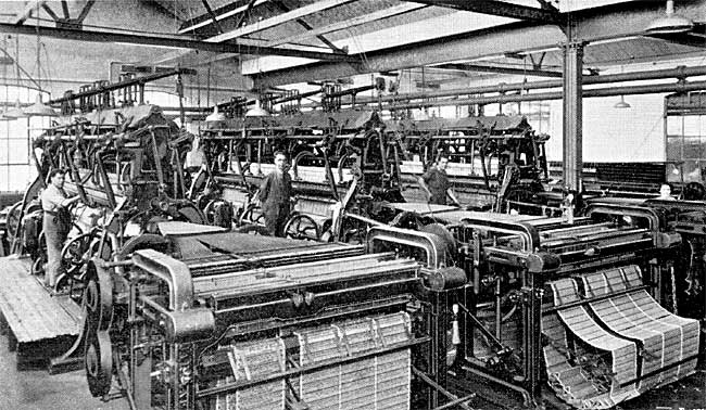 Leavers lace machines in operation in Notitngham in the 1930s.