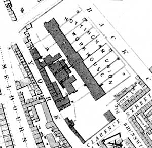 Plan of Nottingham Union Workhouse as depicted on Salmon's map of Nottingham, 1861.