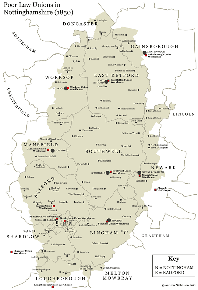 Map of Poor Law Unions in Nottinghamshire (1850)