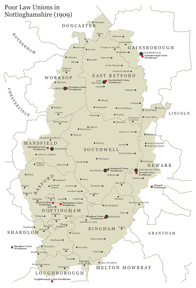Map of Poor Law Unions in Nottinghamshire (1909)