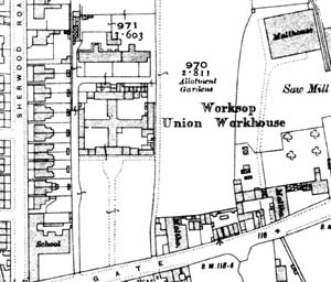 Worksop Union Workhouse as shown on the 25" to one mile Ordnance Survey map of 1914.