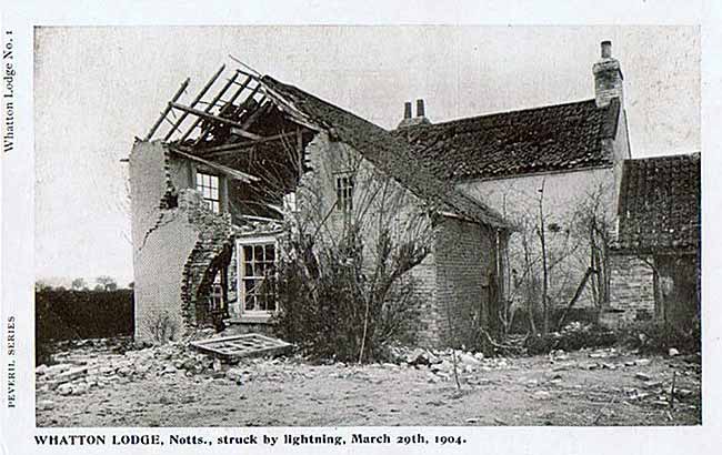 Postcard showing the damage caused by a lightning strike to a house in Whatton in 1904.